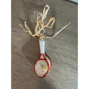 Glass Tennis Racket Christmas Ornament –‎ Red & White with Ball Detail